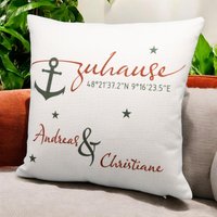 Personalisiertes Kissen „Zuhause" Mit Namen U. Koordinaten - Geschenk Zum Einzug Oder Umzug Für Paare Anker & Leinenoptik von RumblingRocket