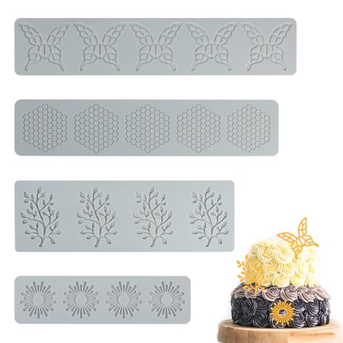 4 Stück Silikon-Spitzen-Matte, Spitze Silikonform Matte Schmetterling Fondant Lace Mat Sugar Craft Abdruckform Essbare Kuchendekoration 3D Fondant Kuchen Prägung Matte für Backen Harz Handwerk Zucker von Rumgug