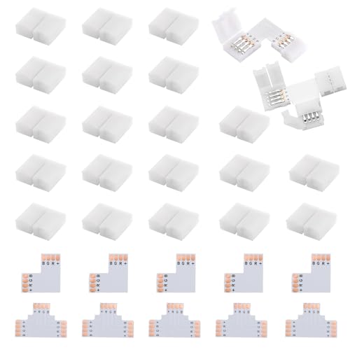 LED Strip Verbinder Set 4-polig, Komplettpaket mit T-Form und L-Form Eckverbindern für RGB LED Streifen, für 10mm Weite 3535 RGB LED Strips, Lötfreie Installation für Heim-DIY Beleuchtungsprojekte von Rumgug