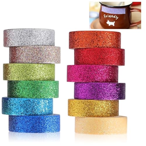 Rumgug Washi Tape Set, Glitzernde Dekoratives Klebeband Bunte Glitzernde Bänder DIY Papier Tape, Glitzer Funkelnd Dekoratives Bunt Masking Dekrativer Bastelband für DIY (12 Rollen) von Rumgug