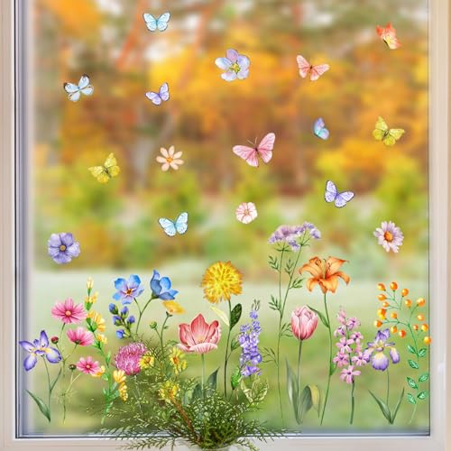 Rumgug Fenstersticker Garten Blumen - Fensterbilder Sommer - Fenster Aufkleber Mohnblume und Schmetterling - Selbstklebende Fensterfolie Blumen - Fenstertattoo Frühling Sommer Pflanzen von Rumgug