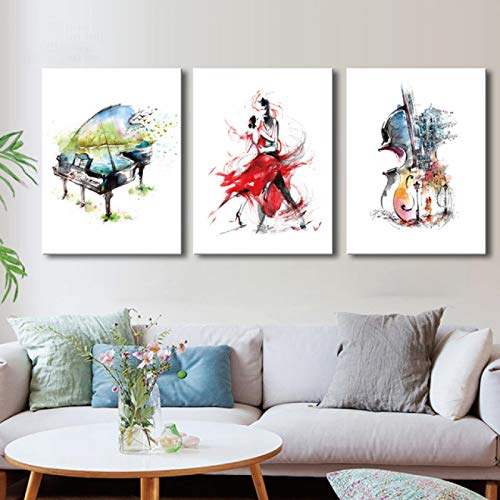 Abstrakte Leinwand Kunst Malerei Hd Print Aquarell Tanz Poster Klavier Cello Wandkunst Bild für Wohnzimmer Dekoration 30x45cmx3 Rahmenlos von Rumlly