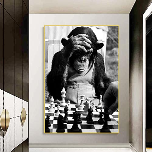Abstraktes Affenspiel Schach Schwarz-Weiß-Poster Lustiger Tierdruck an der Wand Kunst Leinwandmalerei für Raumdekoration 60x90cm Rahmenlos von Rumlly