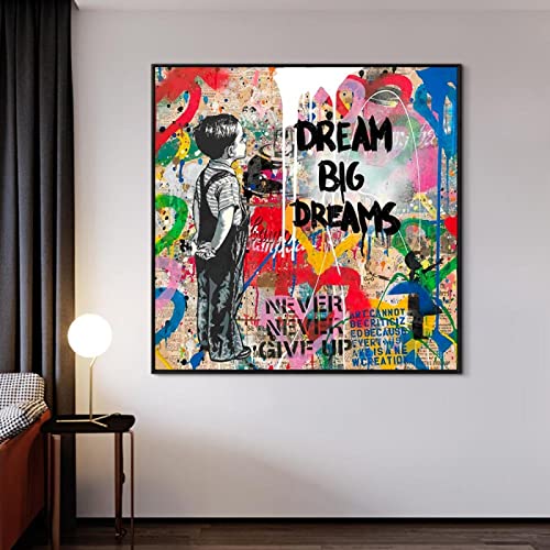 Banksy Kunstwerk Graffiti Pop Wandkunst Dream Big Dreams Leinwand Poster Street Art Malerei Bild für Wohnzimmer Dekoration 40x40cm Rahmenlos von Rumlly