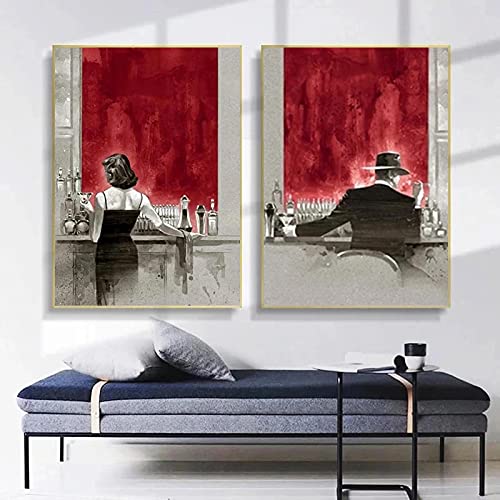 Bunte Drucke Frau Mann Trinken An Bar Leinwand Gemälde Wandkunst Bilder Moderner Stil Wandposter für Schlafzimmer Cuadros 60x90cmx2 Rahmenlos von Rumlly