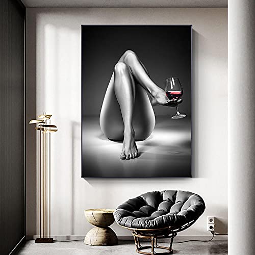 Frau und Weinglas Leinwand Gemälde Schwarz Weiß Mädchen Poster und Drucke Wandkunst Bilder für Wohnzimmer Wohnkultur 60x90cm Rahmenlos von Rumlly