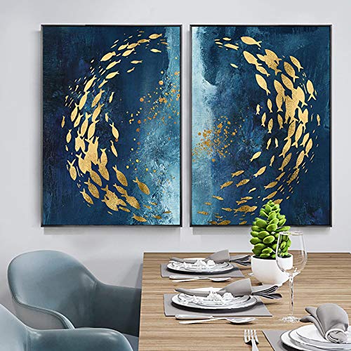 Goldener Fisch Blaues Meer Abstrakte Poster und Drucke auf Leinwand Gemälde Moderne nordische Wandkunst Bilder Wohnzimmer Gang Dekor-50x70cm 2 STK. Kein Rahmen von Rumlly