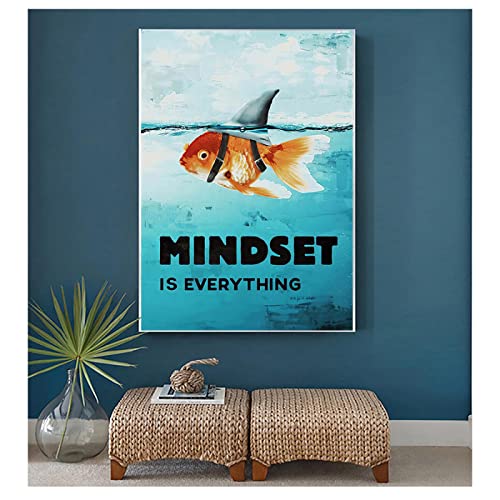 Mindset Is Everything Shark Fish Pictures Motivationsposter für Wohnzimmer, Wandkunst, Leinwand, Gemälde, gedruckt, Heimdekoration, 60 x 90 cm, rahmenlos von Rumlly