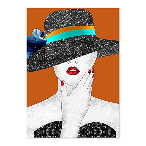 Mode Frauen mit Hut Gemälde Moderne Orange Wandkunst Poster Leinwand Bilder Drucke für Wohnzimmer Dekoration 50x70cm Rahmenlos von Rumlly