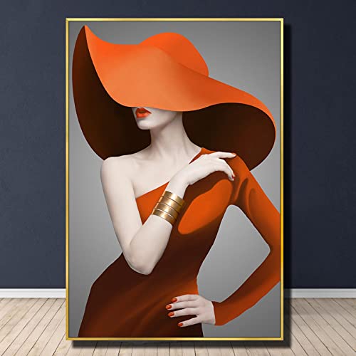 Orange Hut Sexy Frau Poster Mode Modell Mädchen Leinwand Malerei HD Druck Wandkunst Leinwand Poster Moderne Dekoration 50x70 cm Rahmenlos von Rumlly