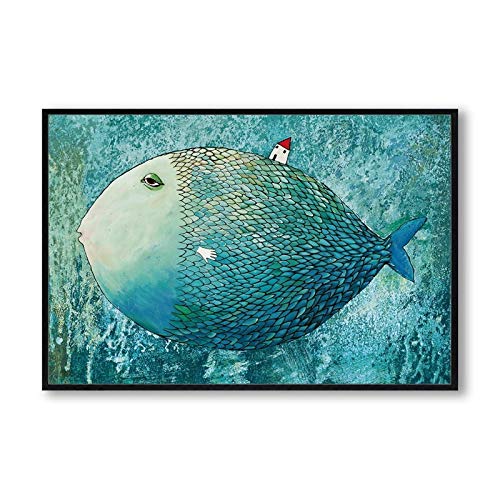 Abstrakte große Fisch zurück kleines Haus Leinwand Kunst Malerei drucken Poster Wandbild Schlafzimmer Wohnzimmer Wohnkultur 50x70cm rahmenlos von Rumlly