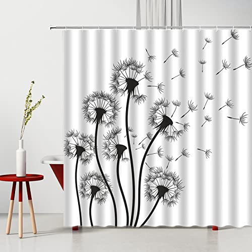 Rumlly Moderner Duschvorhang mit Blumenmuster, Löwenzahn, Schwarz und Weiß, minimalistisch, für Badezimmer, Badezimmer, Küche, wasserdichter Vorhang, Heimdekoration, 120 x 190 cm von Rumlly