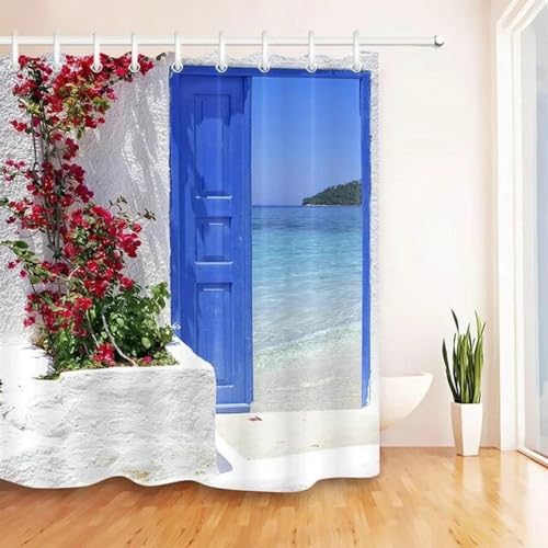 Rumlly Rote Blumen, Blaue Tür mit Meerblick auf der Insel, Duschvorhänge, wasserdichter Stoff, Badezimmer-Vorhang-Set, Heim-Badewannen-Dekoration, 200 x 220 cm von Rumlly