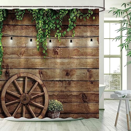 Rumlly Vintage-Duschvorhang, rustikaler Bauernhof, Scheunentor, Holzrad, grüne Blätter, Retro-Badvorhänge, Badezimmer-Dekor mit Haken, 100 x 200 cm von Rumlly