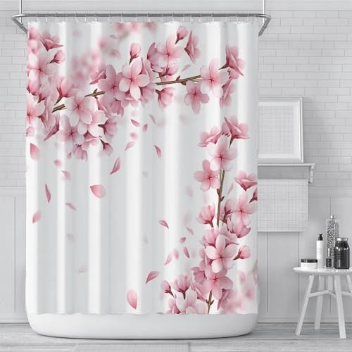 Rumlly Wasserdichter Polyester-Badezimmer-Duschvorhang, waschbarer Badewannen-Vorhang, rosa Blumen, kreativer Druck, Duschvorhang, 80 x 180 cm von Rumlly