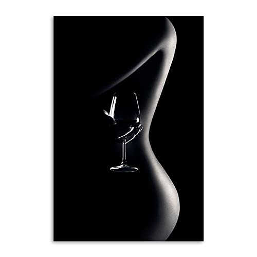 Schwarz Weiß Poster Sexy Frau mit Weinglas Leinwand Bilder Drucken Moderne Schlafzimmer Wohnzimmer Dekorative Gemälde 60x90cm Rahmenlos von Rumlly