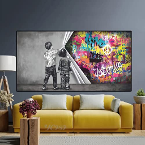 Street Graffiti Art Behind the Curtain Leinwand Gemälde,Junge und Mädchen Liebe Banksy Wandkunst Poster Drucke für Home Room Decor 60x120cm Rahmenlos von Rumlly