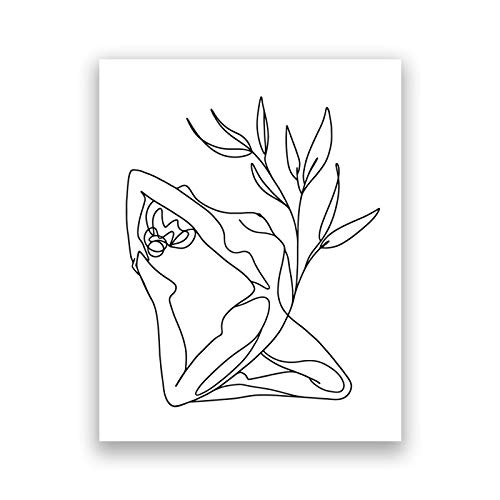 Yoga weiblicher Körper Illustration Kunstdrucke Frau abstrakte Strichzeichnung mit Blumen Zeichnung Leinwand Malerei Yoga Raumdekor 40x60cm Rahmenlos von Rumlly