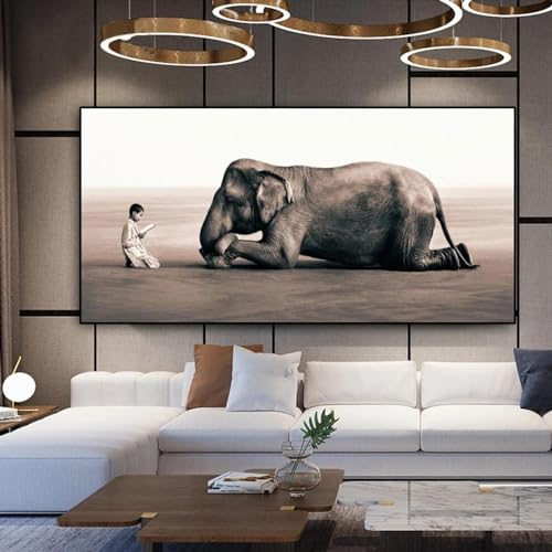 Zen-Wandbilder, kleiner Junge, Leser und Elefant, Zuhörer, Poster und Drucke, Wandkunst, Leinwandgemälde für Wohnzimmerdekoration, 30 x 60 cm, ohne Rahmen von Rumlly