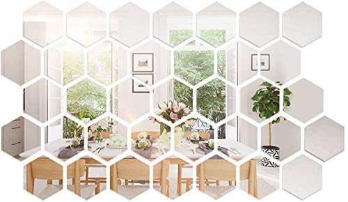 RunFa Spiegel-Wandaufkleber Spiegelfliesen Wandspiegel Selbstklebend, 36 Stück Hexagon-Spiegel Silber Wandbild für Zuhause, Wohnzimmer, Schlafzimmer Sofa, TV, Hintergrund, Wand-Dekoration von RunFa