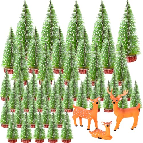 45 Stück künstlicher Weihnachtsbaum Mini Tannenbaum Klein Miniatur Tanne grün Weihnachtsbaum mit Schneeeffekt Christbaum für Tischdeko DIY 4.5/6.5/8.5/12.5cm mit Klein Weihnachtsfiguren Hirsch von RunFar shop