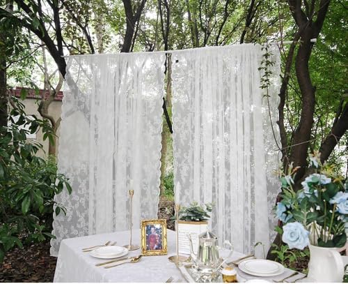 Gardinen Weiße Spitze Vorhang Blumen Bestickte Spitzengardinen, 2erTransparent Vorhang Spitze Voile Spitzenvorhänge mit Gardinengurte für Wohnzimmer Schlafzimmer Dekor (2stk B150 x H180 cm) von RunFar shop