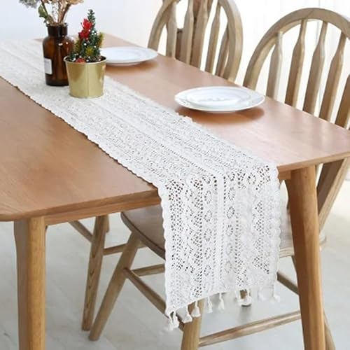 Makramee Tischläufer Vintage Baumwolle Boho-Stil Häkelspitze Tischläufer mit Quasten Vintage-Hochzeitstischläufer, für Hochzeit Restaurant Ländliche Esstisch (gehäkelteTischdecke 140x24cm) von RunFar shop