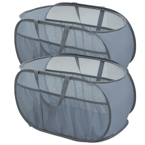 2er Pop Up Wäschekorb 36 * 36 * 58 cm Klappbar Mit Griff Faltbarer Mesh Aufbewahrungskorb Laundry Basket für Kinderzimmer Camping Und Reisen (Grau Mit Mehrere Taschen) von RunFar shop