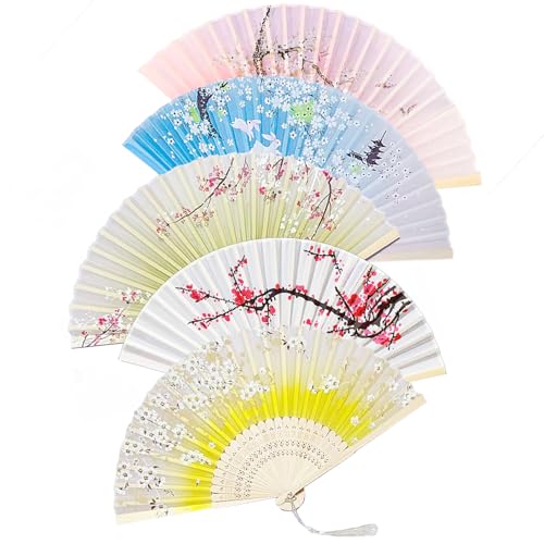 RunFar shop 5 Stück Handfächer Fächer Folding Fans Hand Fans Bambus Fans mit Quaste Faltfächer Klappfächer Taschenfächer für Wanddekoration Geschenke Hochzeit (buntB) von RunFar shop