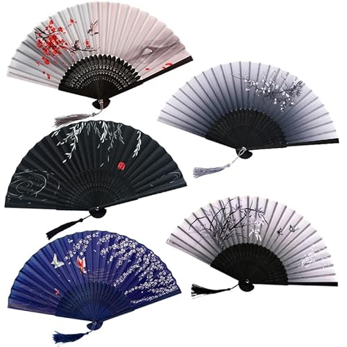 RunFar shop 5 Stück Handfächer Fächer Folding Fans Hand Fans Bambus Fans mit Quaste Faltfächer Klappfächer Taschenfächer für Wanddekoration Geschenke Hochzeit (bunt A) von RunFar shop
