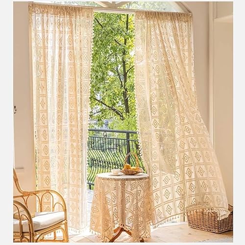 RunFar shop Boho Vorhänge Vintage Landhausstil Häkeln Vorhänge Beige Gardinen mit Quaste Baumwolle Transparent Vorhang für Küche Wohnzimmer Schlafzimmer,B135×H240cm (2 STK) von RunFar shop