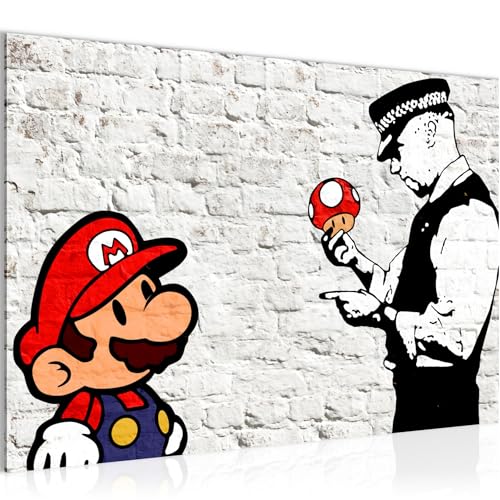 Runa Art Bild Mario and Cop Banksy Modern Wandbilder Jugendzimmer Wohnzimmer 1 Teilig - Made In Germany - Street Art Weiss Bunt Flur 006515a von Runa Art