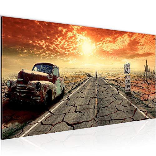 Runa Art Wandbild Auto Route 66 1 Teilig 100 x 40 cm Modern Bild auf Vlies Leinwand Oldtimer Wohnzimmer Orange Beige 600312a von Runa Art