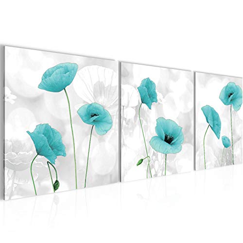 Runa Art Bilder Blumen Mohnblume 3 Teilig Bild auf Vlies Leinwand Deko Wohnzimmer 90 x 30 cm Abstrakt Türkis Grau 028234c von Runa Art