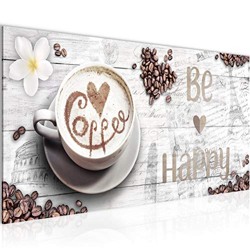 Runa Art Wandbild Küche Kaffee 1 Teilig 100 x 40 cm Modern Bild auf Vlies Leinwand Be Happy Esszimmer Küchenbilder Weiss 020712b von Runa Art