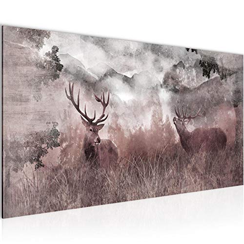 Runa Art Wandbild Hirsch Natur 1 Teilig 100 x 40 cm Modern Bild auf Vlies Leinwand Waldtiere Wohnzimmer Schlafzimmer Grau Rosa 011412b von Runa Art