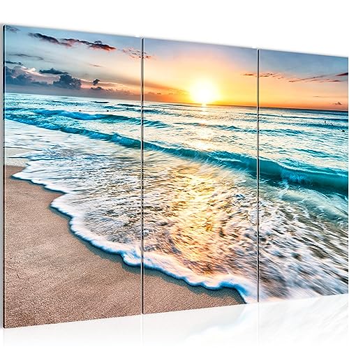 Runa Art Wandbilder Sonnenuntergang Strand Bild XXL Schlafzimmer Wohnzimmer Beige Blau Meer 120 x 80 cm 3 Teilig 023731a von Runa Art