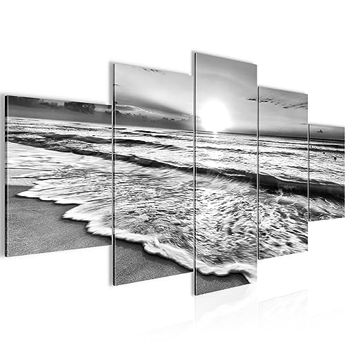 Runa Art Bild Schlafzimmer Wohnzimmer Sonnenuntergang Strand 5 Teilig Panorama Schwarz Weiss Wandbilder auf Vlies Leinwand 023753c von Runa Art