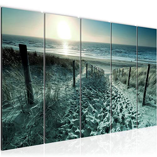 Runa Art Wandbild XXL Strand Sonnenuntergang Schlafzimmer Wohnzimmer 200 x 80 cm Türkis Grau 5 Teilig - Made in Germany - 018455c von Runa Art