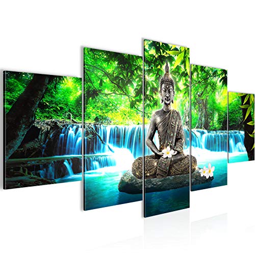 Runa Art Bild Wohnzimmer Schlafzimmer Buddha Wasserfall 5 Teilig Natur Blau Grün Wandbilder auf Vlies Leinwand 503553b von Runa Art