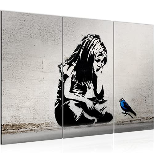 Runa Art Wandbilder Mädchen mit Vogel Bild XXL Loft Wohnzimmer Grau Blau Street Art Graffiti 120 x 80 cm 3 Teilig 040631c von Runa Art