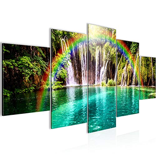 Runa Art Bild Schlafzimmer Wohnzimmer Wasserfall Landschaft 5 Teilig Regenbogen Natur Grün Wandbilder auf Vlies Leinwand 607253a von Runa Art