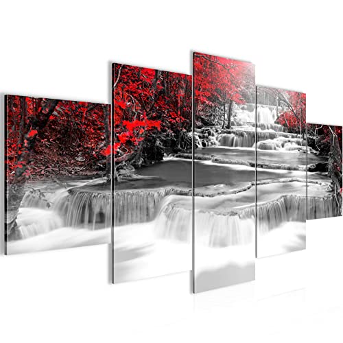 Runa Art Bild Wohnzimmer Wasserfall 5 Teilig Natur Schwarz Rot Wandbilder auf Vlies Leinwand 043653a von Runa Art