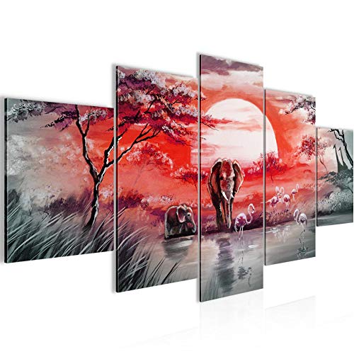 Runa Art Bild Wohnzimmer Schlafzimmer Afrika Elefant 5 Teilig Savanne Grau Rot Wandbilder auf Vlies Leinwand 001153b von Runa Art