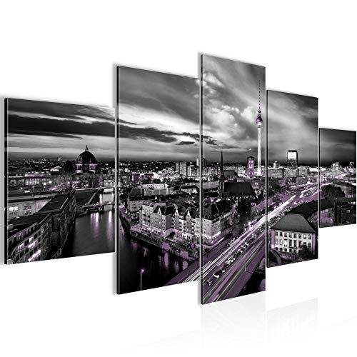 Runa Art - Bilder Berlin Skyline 200 x 100 cm 5 Teilig XXL Wanddekoration Design Schwarz Violett 004351c von Runa Art