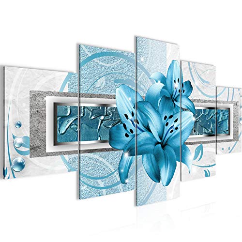 Runa Art - Bilder Blumen Lilien 200 x 100 cm 5 Teilig XXL Wanddekoration Design Blau 209751b von Runa Art