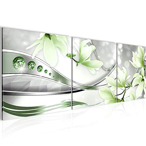 Runa Art - Bilder Blumen Magnolie 120 x 40 cm 3 Teilig Wandbild auf Vlies Leinwand Grün Grau Mehrteilig Modern 207233b von Runa Art