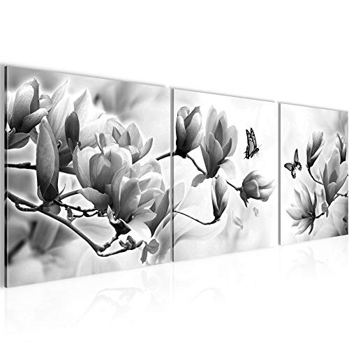 Runa Art - Bilder Blumen Magnolien 120 x 40 cm 3 Teilig Wandbild auf Vlies Leinwand Schwarz Weiss Mehrteilig Modern 036933c von Runa Art