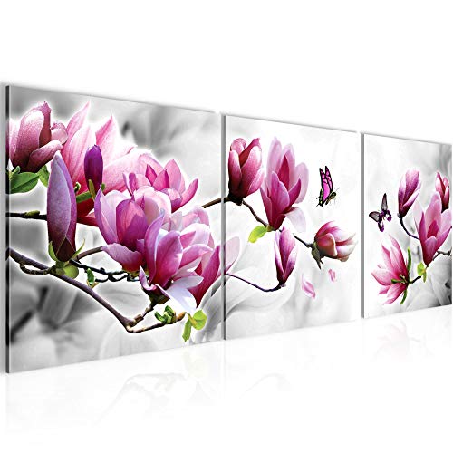 Runa Art - Bilder Blumen Magnolien 120 x 40 cm 3 Teilig Wandbild auf Vlies Leinwand Grau Rosa Mehrteilig Modern 036933a von Runa Art
