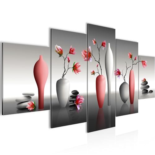 Runa Art - Bilder Blumen Magnolien 200 x 100 cm 5 Teilig XXL Wanddekoration Design Rot Grau 036551b von Runa Art